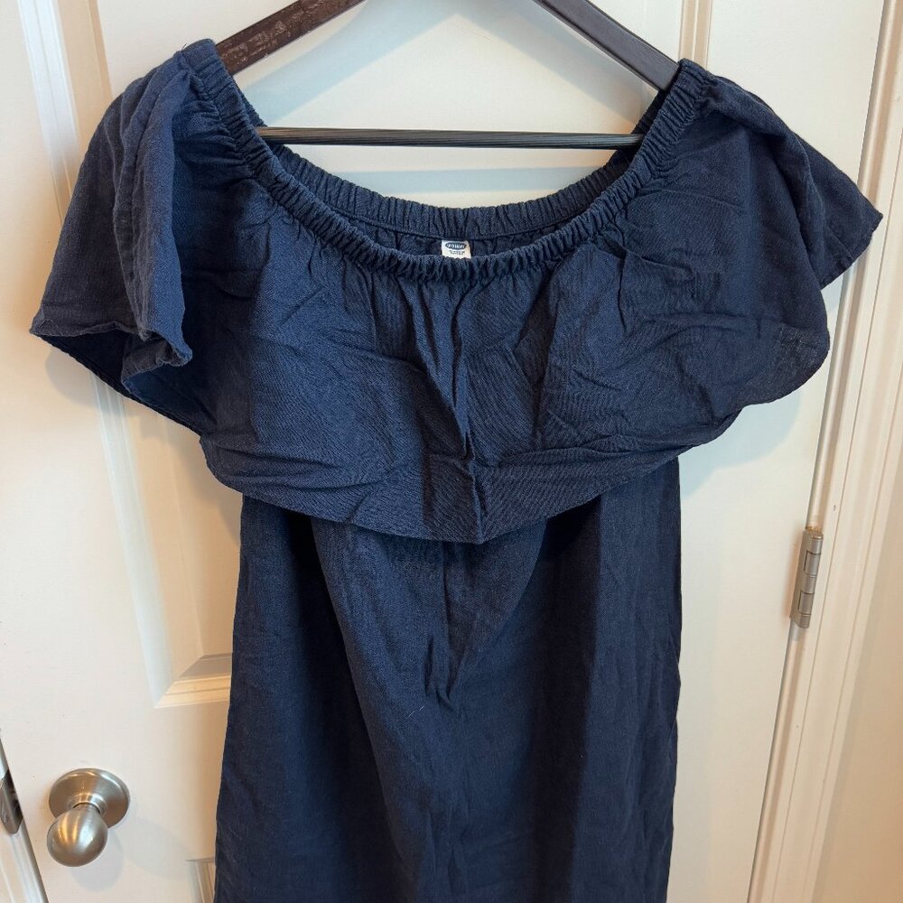 OLD NAVY Sz S Blue Linen Blend Shift Dress Round Collar Off Shoulder